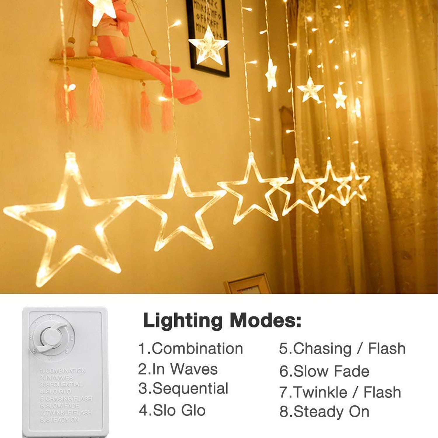 Curtain string lights with 12 stars for window decoration