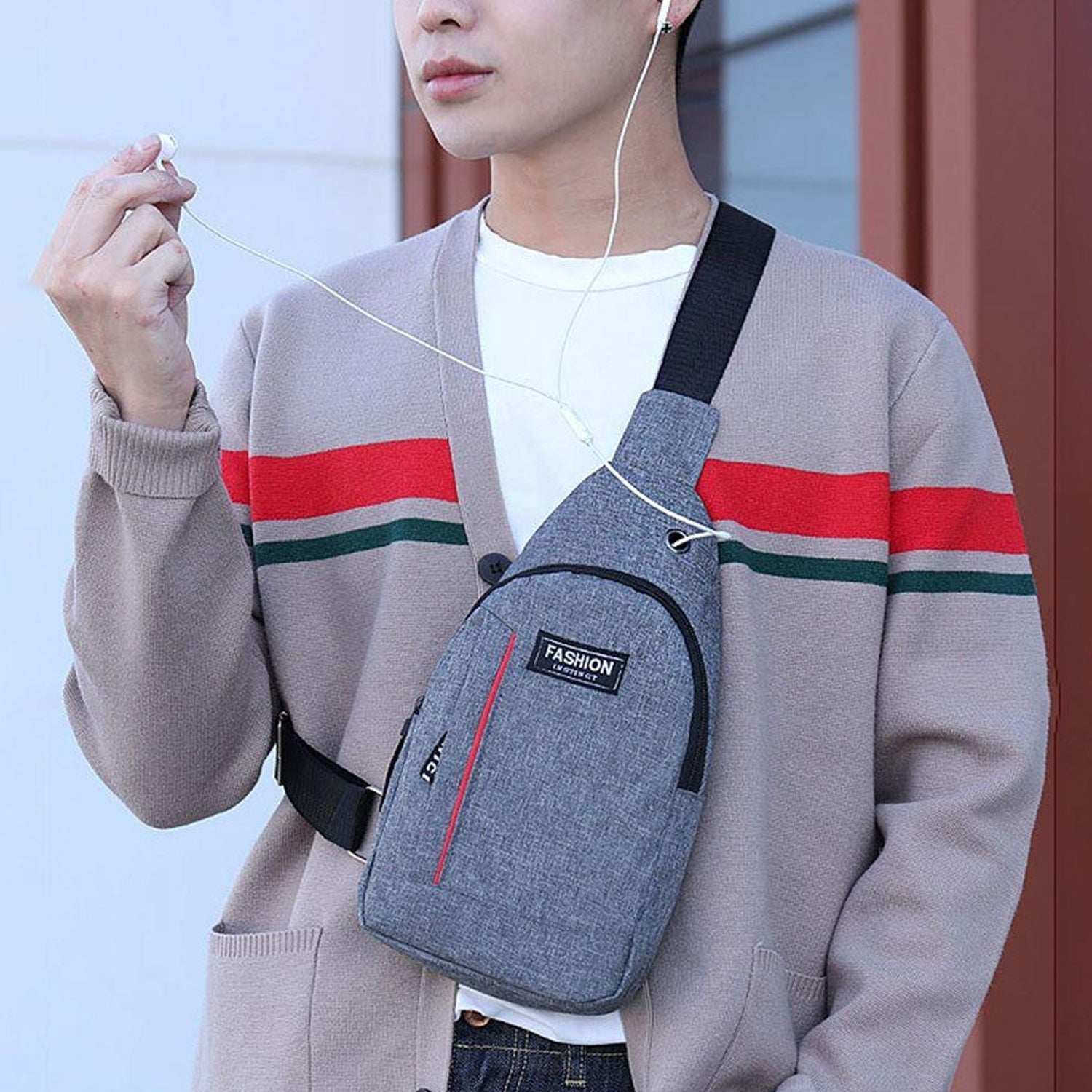 Grey crossbody fanny pack with earphone hook