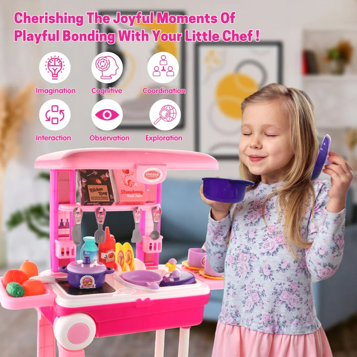 3 in 1 Kitchen Set for Kids, Portable Pretend Play Toys for Kids with Suitcase (1 Set)