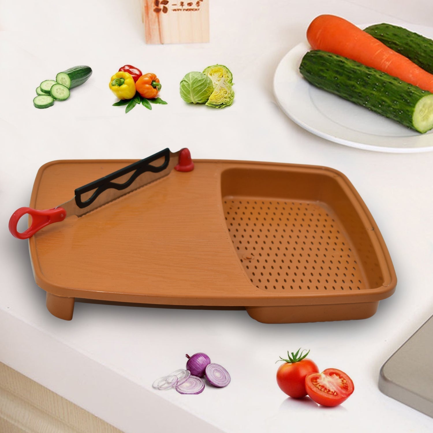 Thick plastic kitchen chopping board with holder.