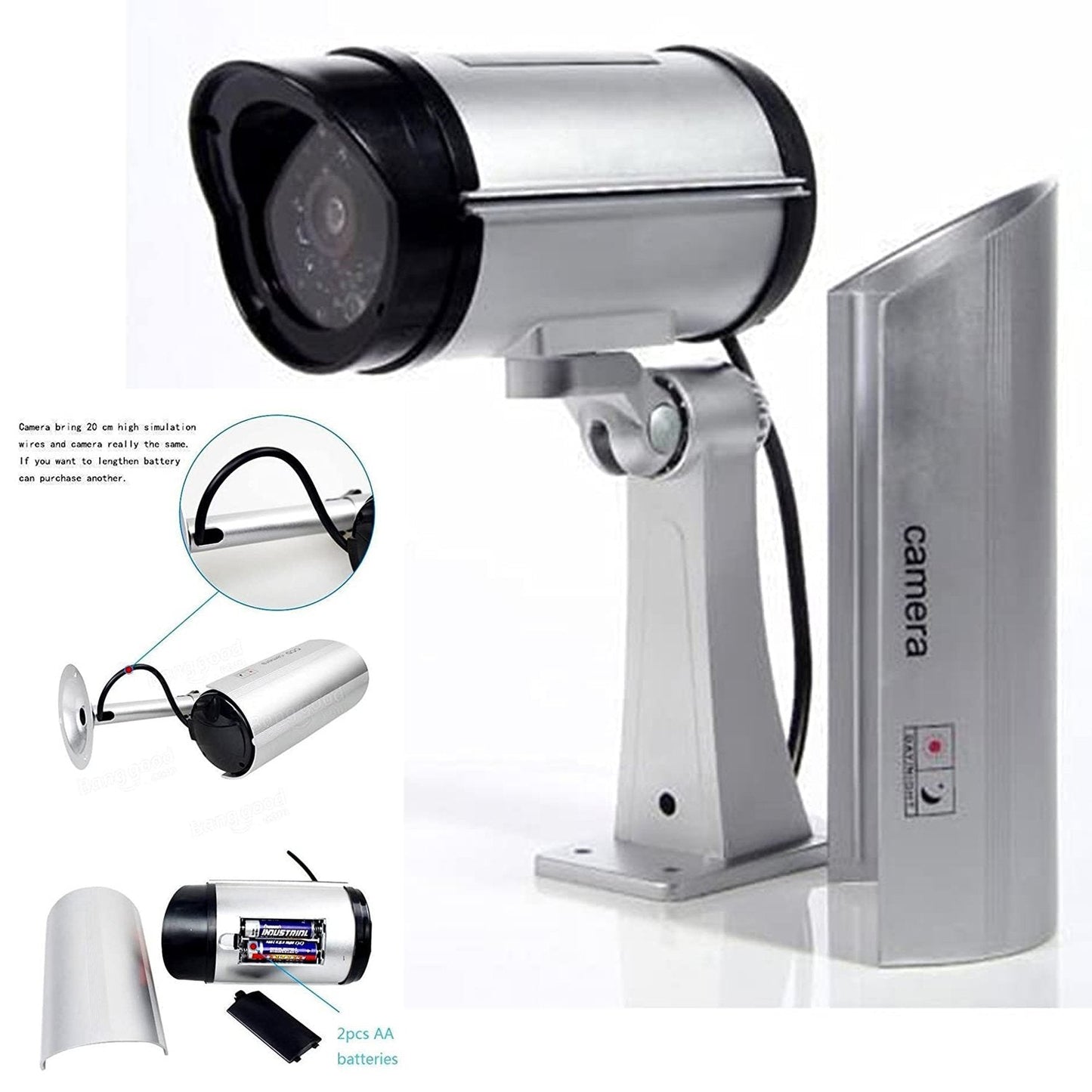 Dummy security camera with IR functionality, designed to appear like a real CCTV camera.