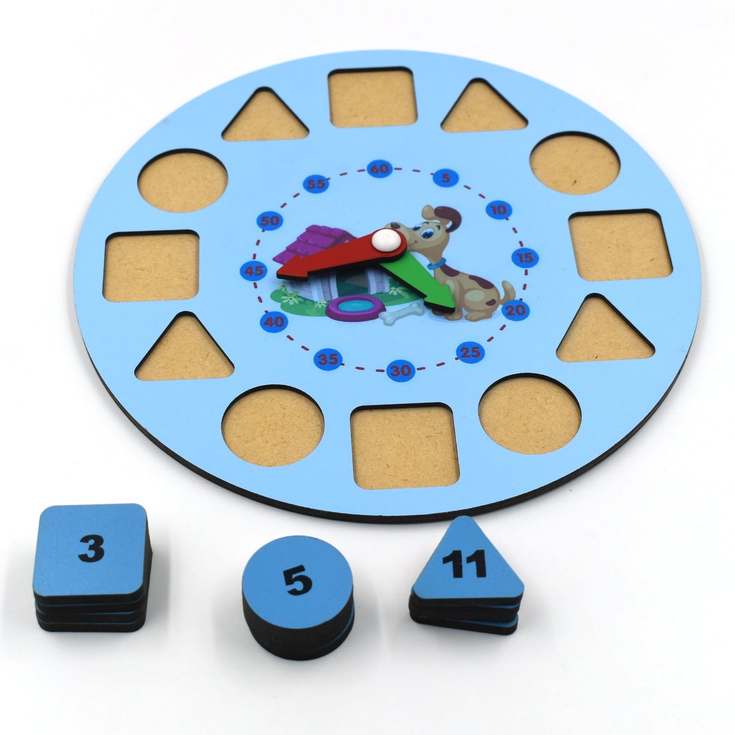 Wooden clock toy with interactive features for children.