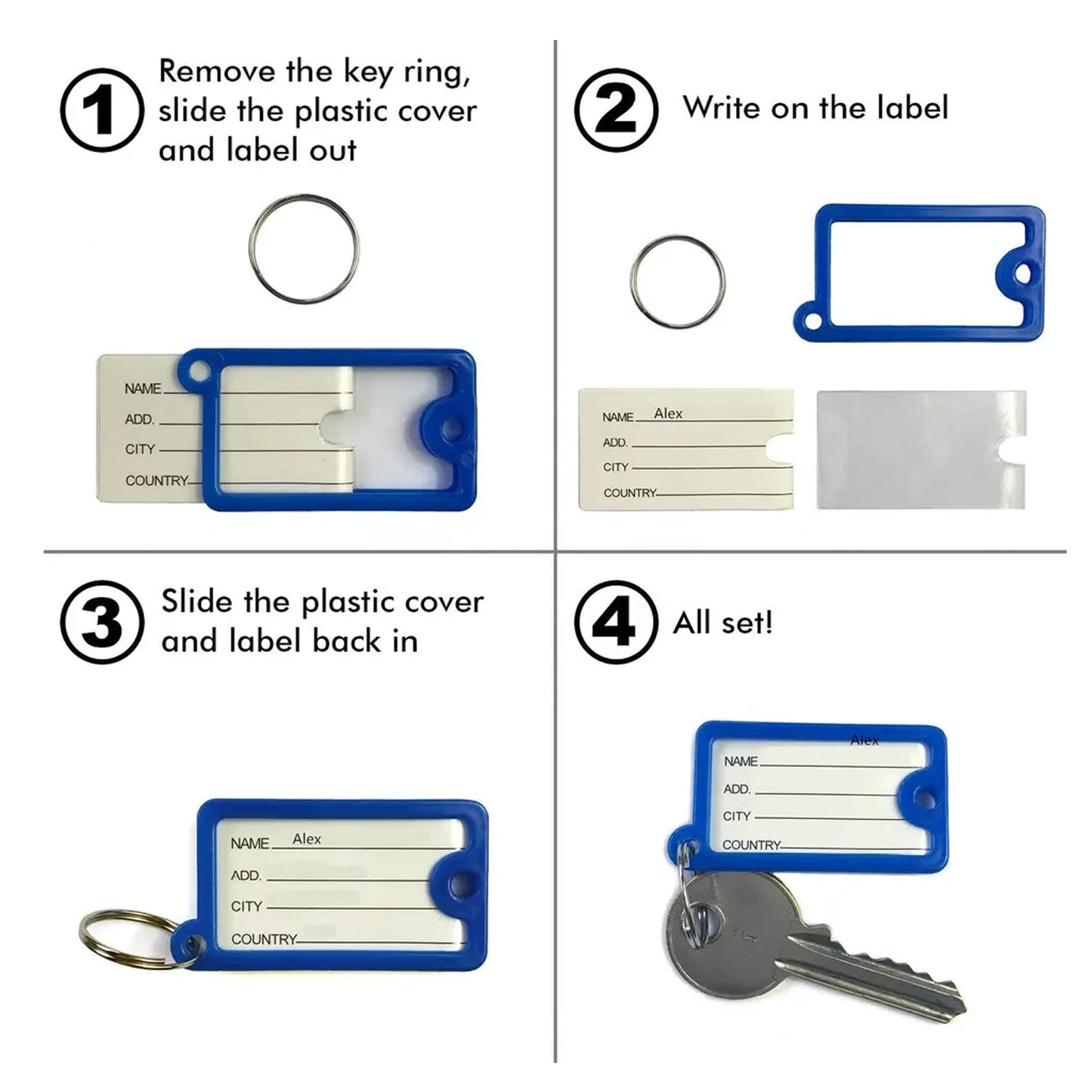 Plastic keychain set with 10 numbered key tags, includes ring tags and backpack keychain.