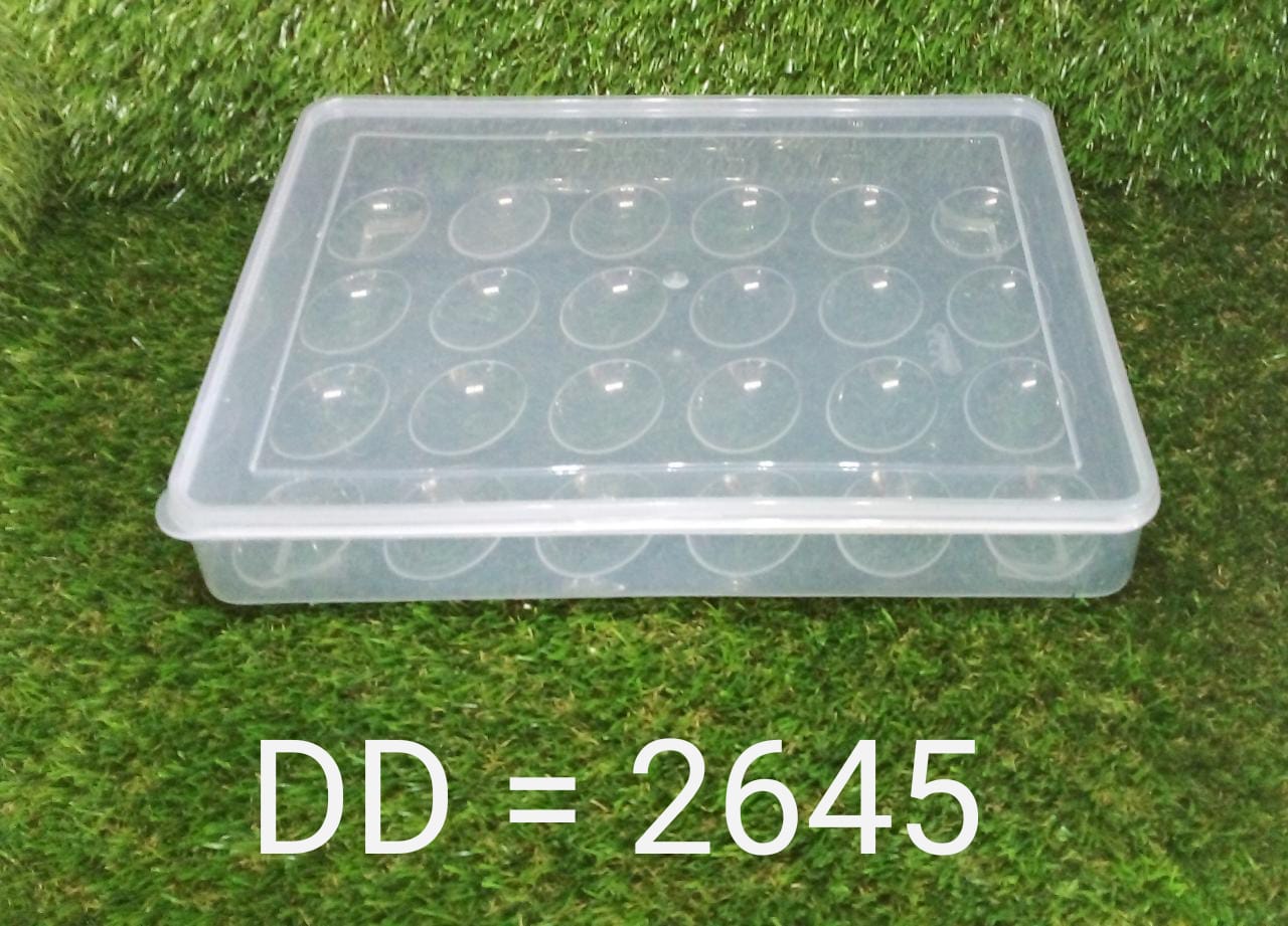 Durable plastic egg box with 24 compartments and a lid, designed for safe egg storage in the fridge